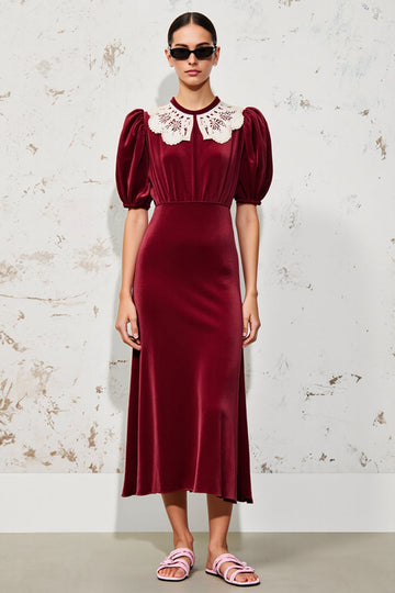 Velvet Dark Red A Line Wedding Guest Dress